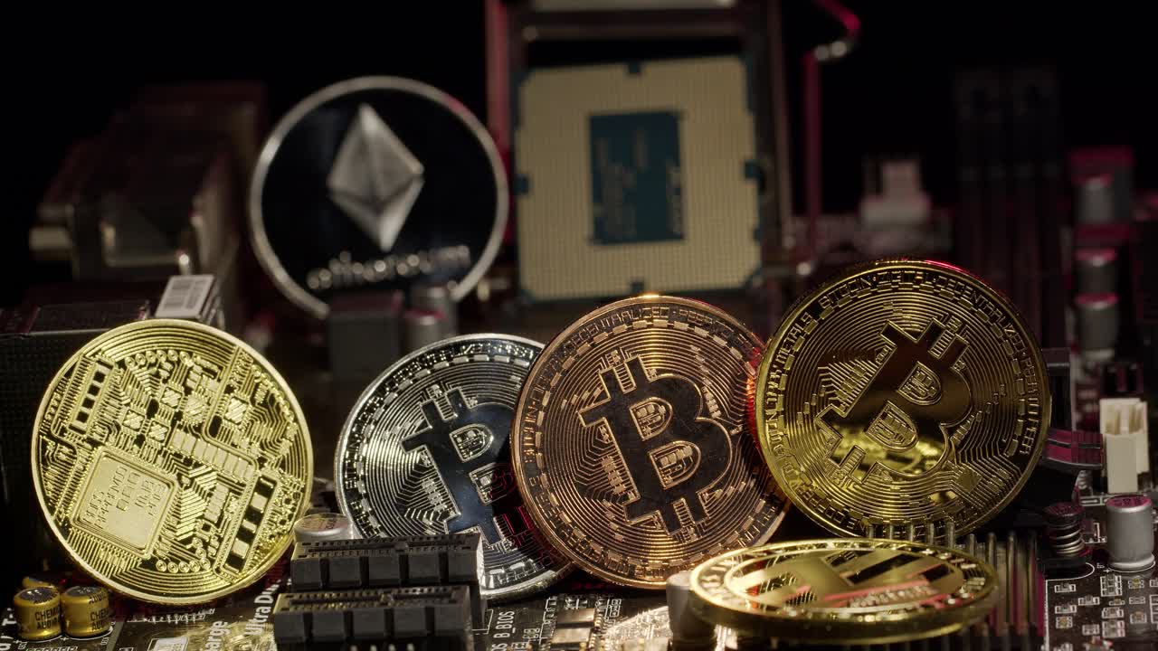 bitcoin btc, litecoin, monedas ethereum en la placa madre de la computadora digital, minería de criptomonedas