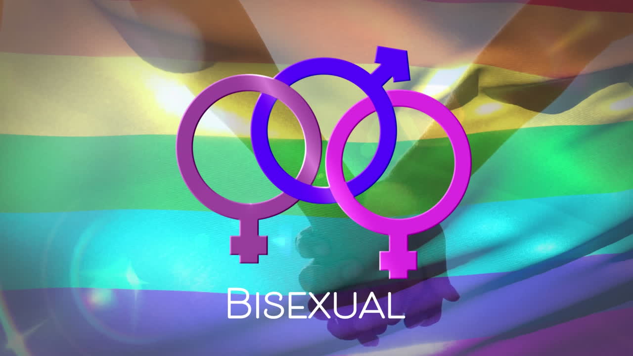 Bisexual text and three joined female and male symbols against a rainbow flag