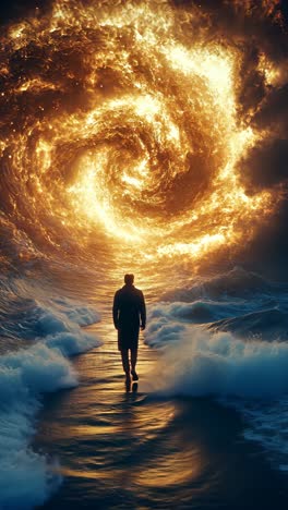 determined traveler walks through swirling flames and ocean waves