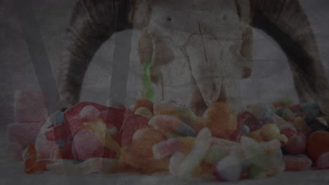 espeluznante cráneo de cabra con cuernos y dulces contra un fondo parpadeante.