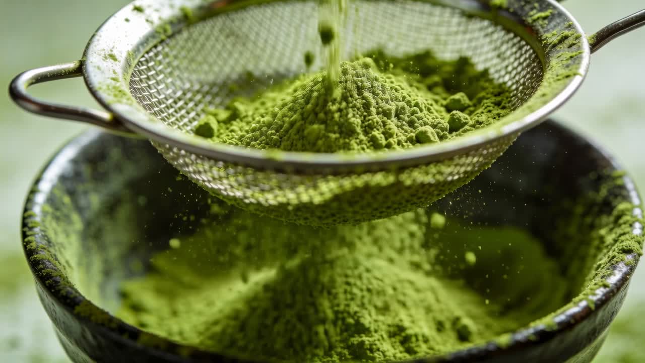 Pouring container releasing green powder over metal sieve at counter ...