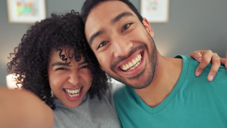 happy fun couple, selfie and bed in playful