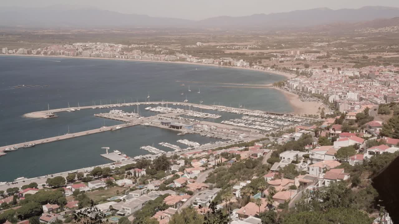 Panorama of Port de Roses in roses, Costa Brava, Spain. Mediterranean ocean coast