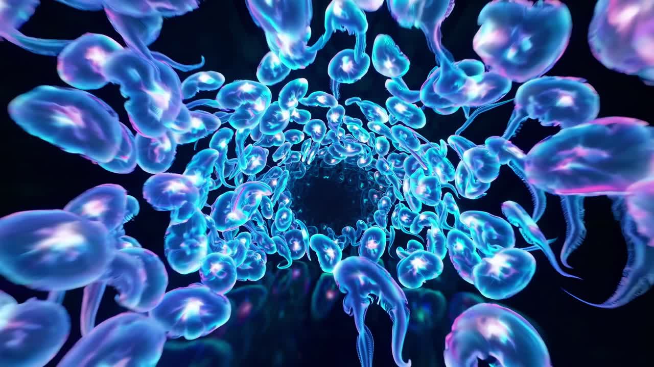 Mesmerizing jellyfish flow through an enchanting underwater tunnel, showcasing vibrant colors and fluid motion, creating a captivating visual experience of marine beauty