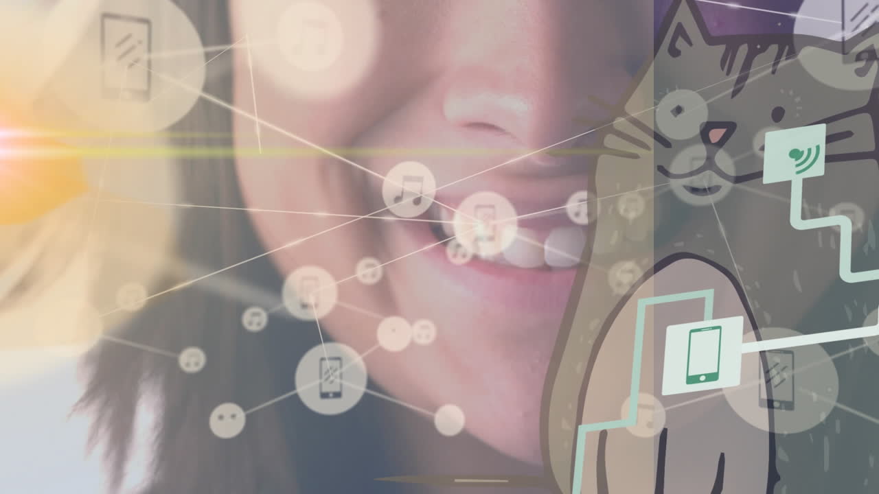 анимация иконы приложения, связанная с линиями над близким планом улыбающейся белой женщины.