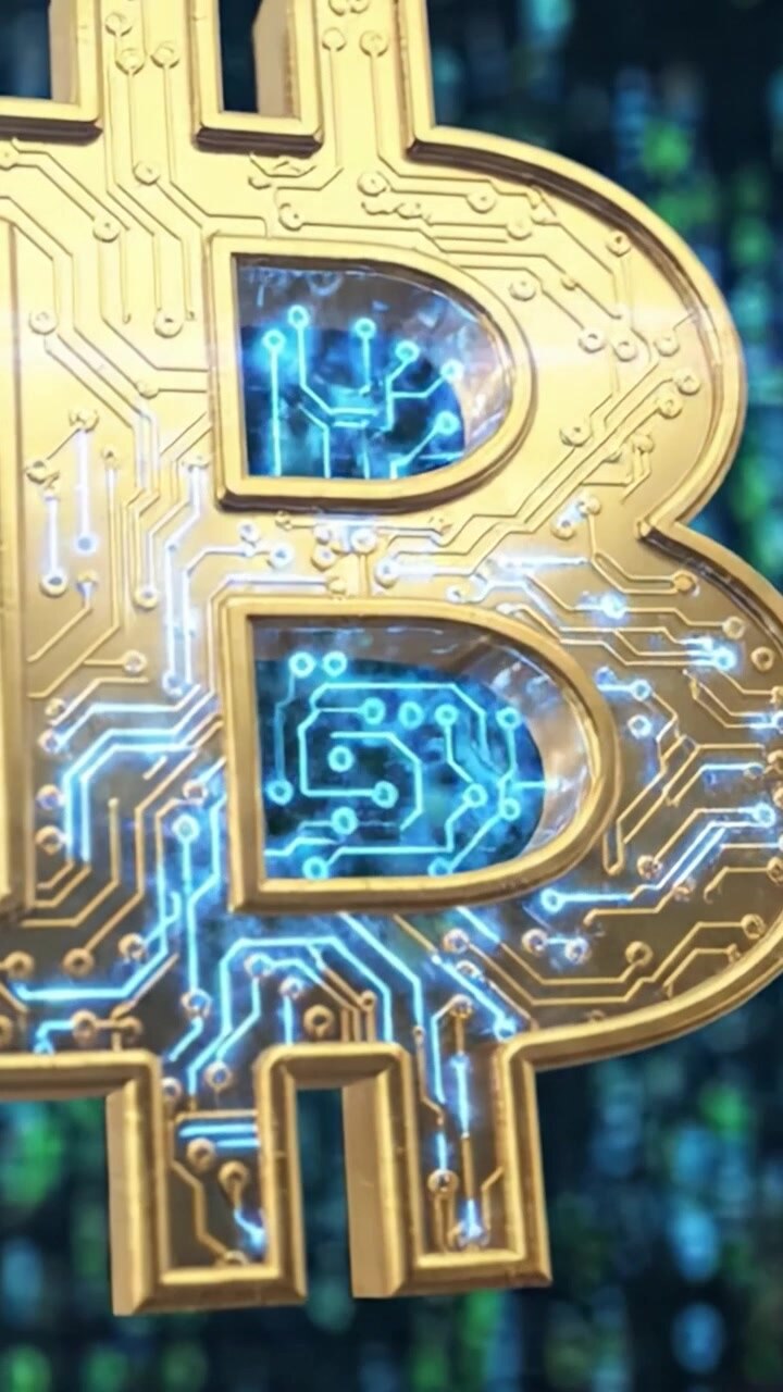 Una rappresentazione visivamente sorprendente di Bitcoin con intricati schemi di circuiti e un effetto luminoso, che simboleggia la tecnologia moderna e il potenziale futuro della valuta digitale