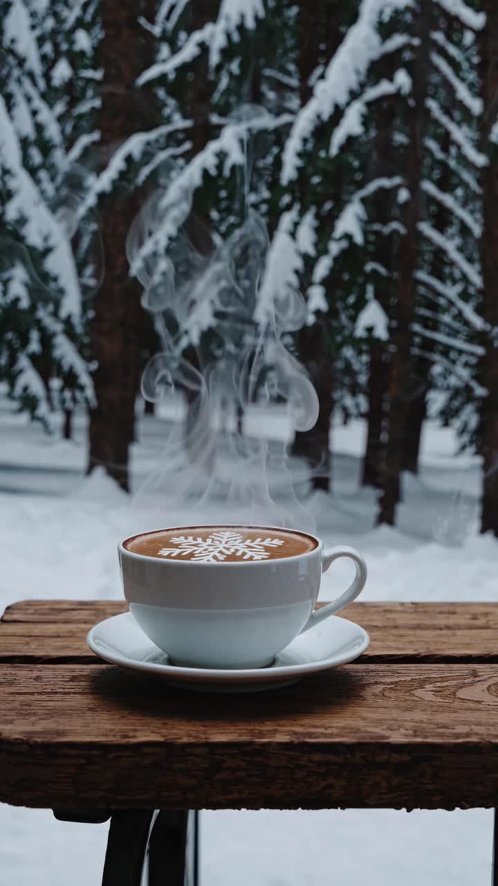 A steaming cup of coffee with snowflake art on a wooden table, shot from a low angle, with a snowy
