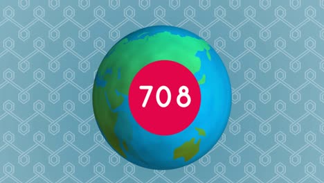 increasing number on round red banner over globe against seamless pattern design on blue background