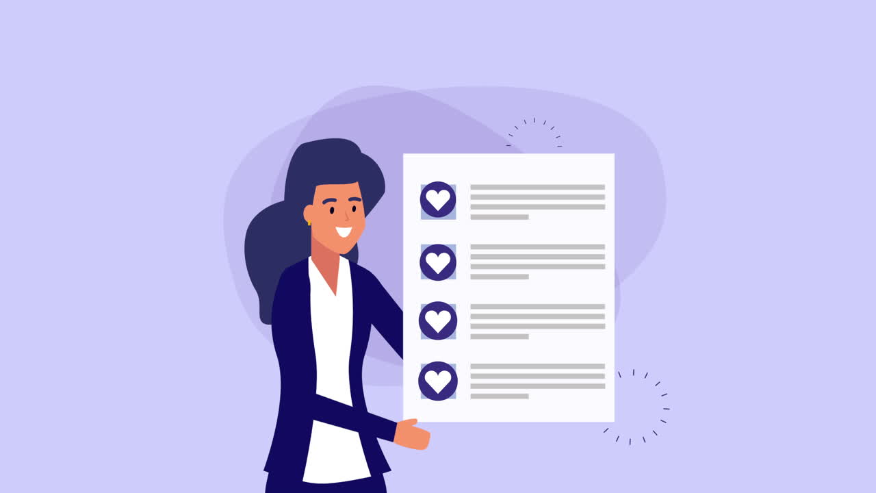 mujer de negocios levantando lista de comprobación animación de documentos