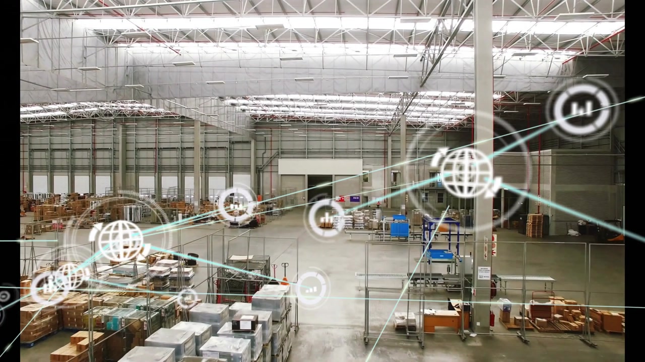 Warehouse view starting with globe icon appearing linking cloud chart icons forming smart network