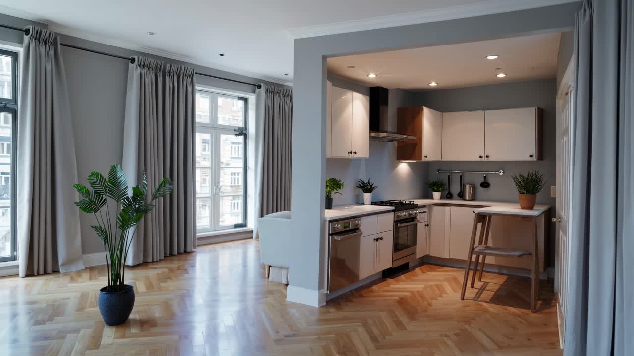 Modern kitchen and living area with herringbone wood floors, captured from a wide-angle view