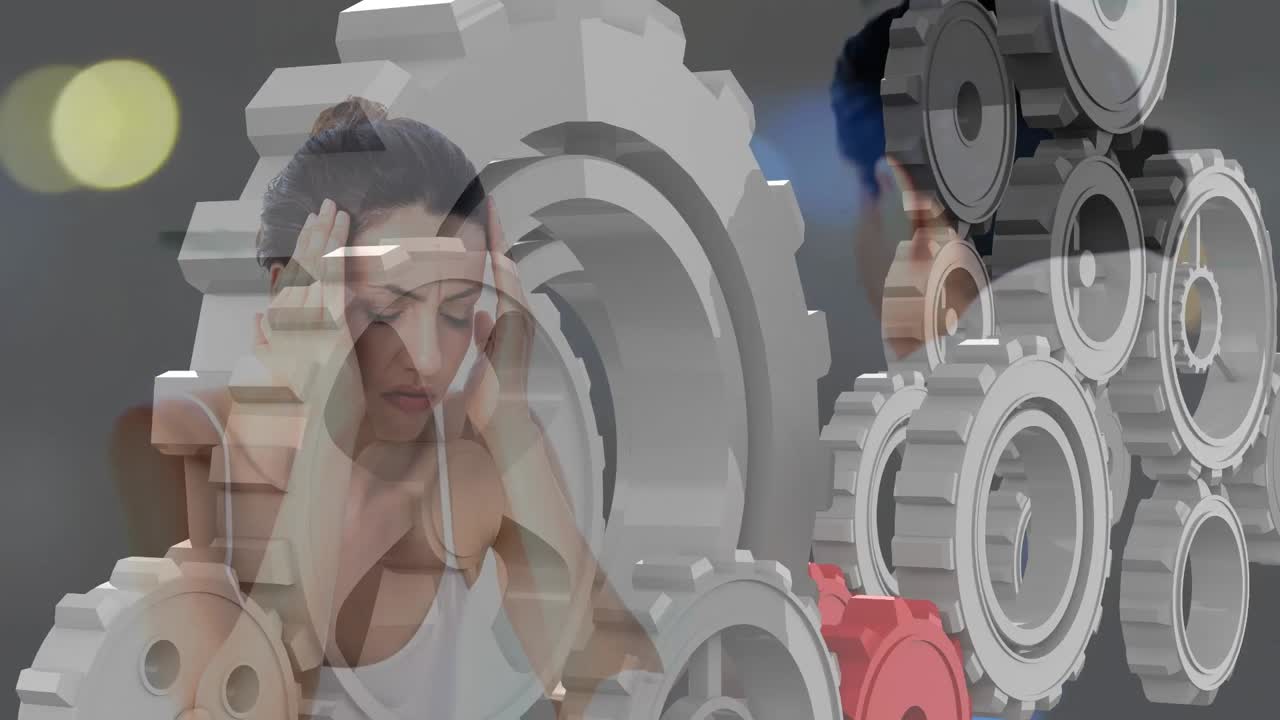 야간 도로 교통과 기어의 애니메이션 백인 여성이 두통을 가지고 있습니다.