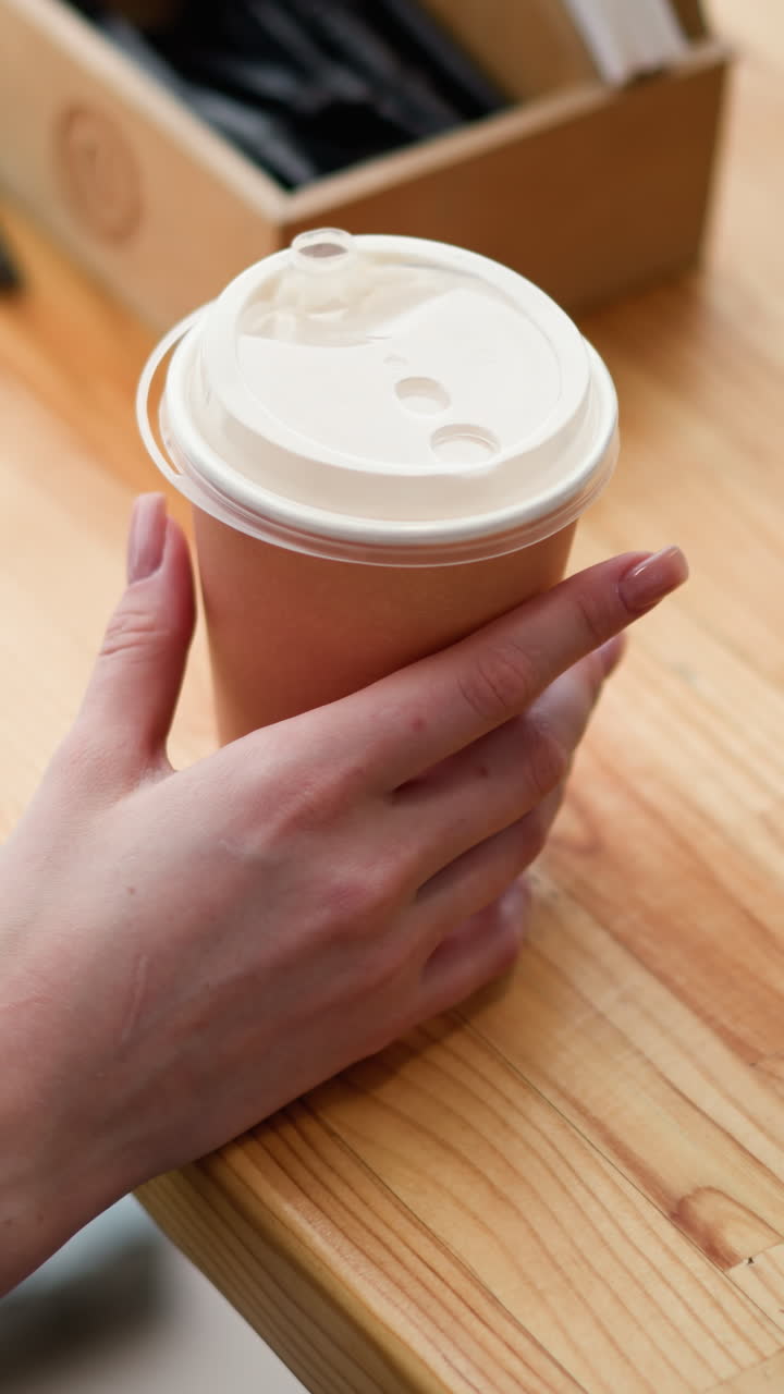primer plano de la mano de la mujer tocando suavemente la taza de café colocada en una mesa de madera con vista parcial del teléfono y el riel de hierro en el fondo, un entorno de café casual con una vista borrosa de los alrededores