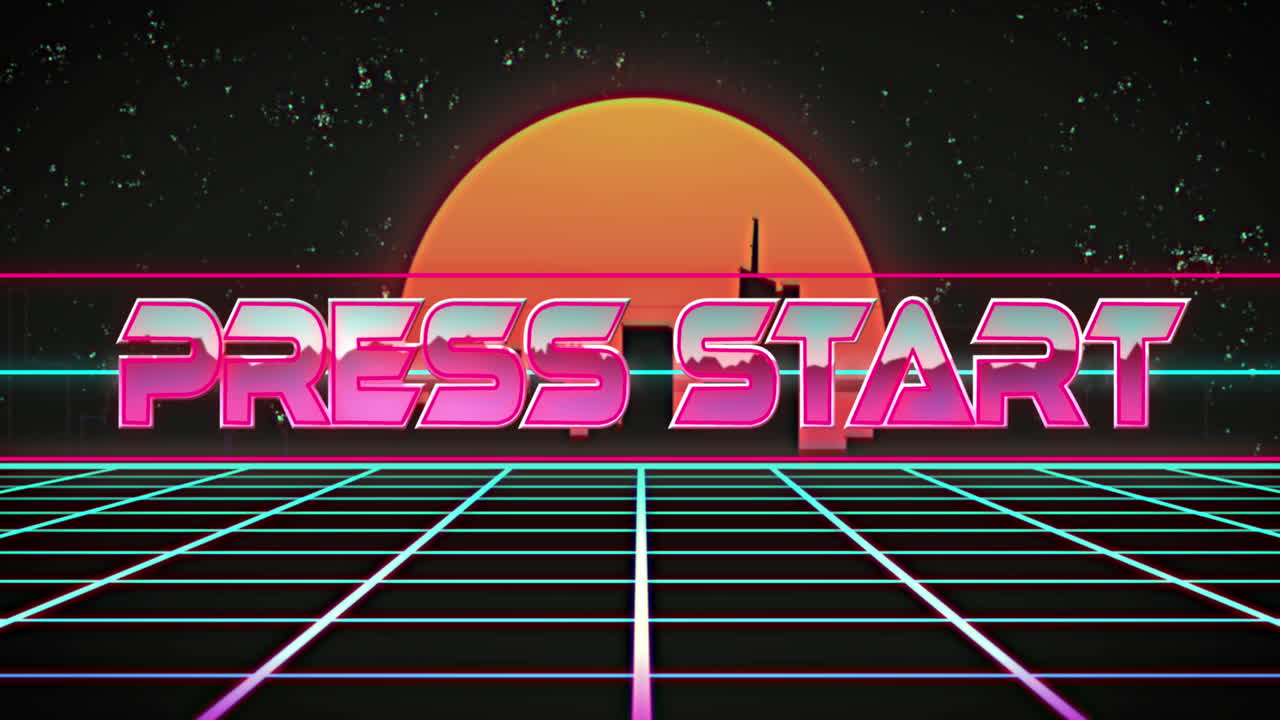 시내 풍경에 대한 원활한 패턴으로 그리드 네트워크를 통해 프레스 시작 텍스트 배너의 애니메이션