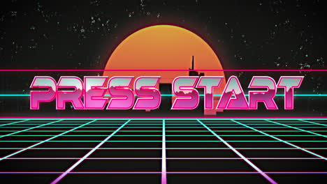 animation of press start text banner over grid network in seamless pattern against cityscape