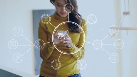 Animation-of-network-of-connections-and-rotating-globe-over-woman-using-smartphone