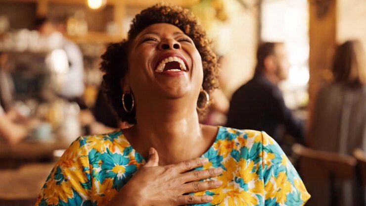 Joyful Moments Over Coffee: A Woman with a Bright Yellow and Blue Floral Top Enjoys Her Drink in a Lively Cafe Setting, Capturing Happiness and Connection.