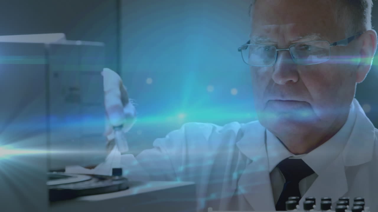 Animazione di una rete di connessioni su uno scienziato caucasico in laboratorio