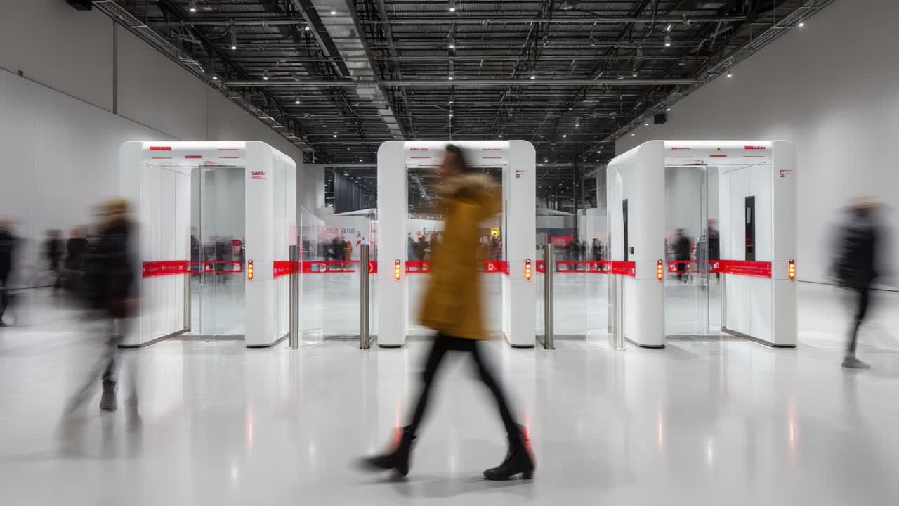 An Innovative Entryway: A Modern Security Checkpoint Featuring High-Tech Turnstiles in a Spacious and Bright Exhibition Hall with Busy Passersby