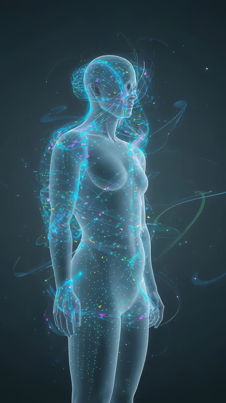 Vertical video: Scene opening holo rotating in void emitting cyan ribbons, showing dotted matrix