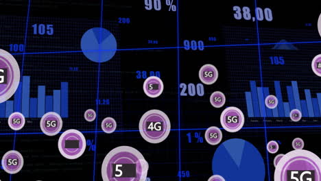animación de texto 5g, procesamiento de datos digitales sobre fondo negro