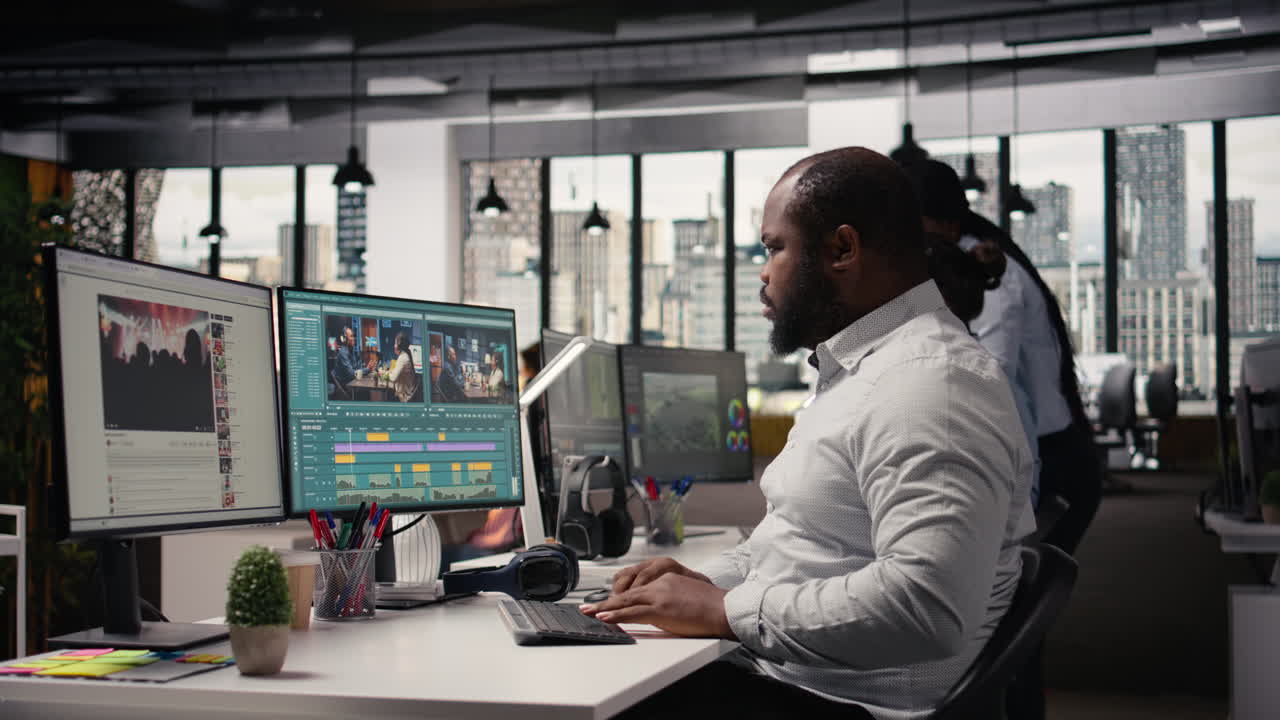 African american filmmaker working on post production process