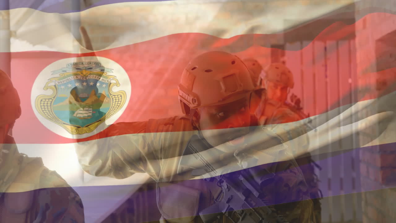 Costa Rican flag and emblem overlaying soldiers in tactical gear