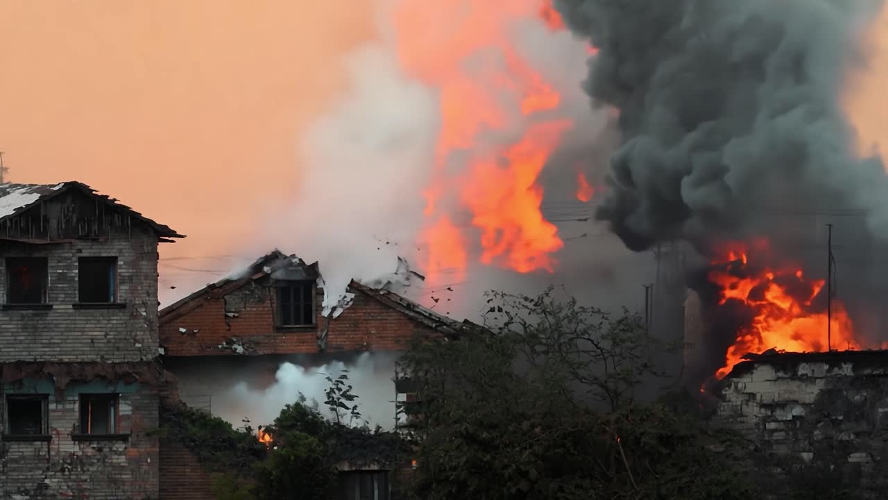 불꽃과 두꺼운 검은 연기가 큰 버려진 건물에서 상승하여 파괴와 위험의 장면을 만니다.