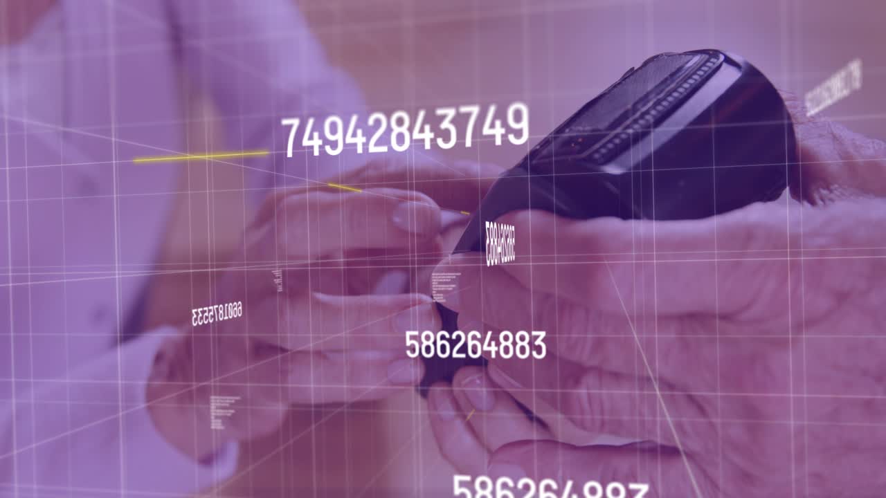 Animation of data processing over caucasian woman paying with terminal