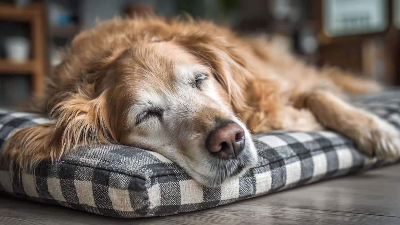 A Peaceful Golden Retriever Enjoys a Nap on a Cozy Plaid Cushion, Radiating Comfort and Serenity in a Relaxed Indoor Setting