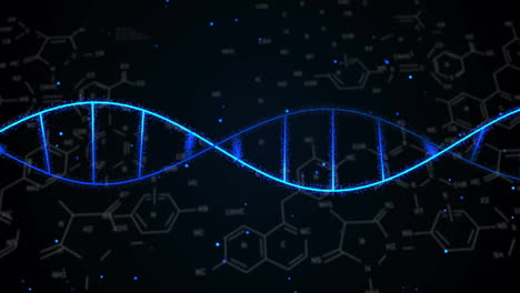 animation of chemical formula and dna strand on black background