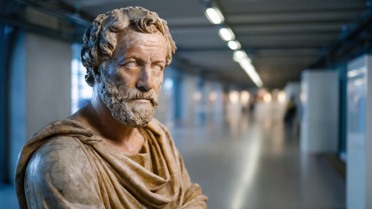 Primo piano dettagliato di una statua antica e pensierosa, che mette in risalto intricati lineamenti del viso e texture, ambientata su uno sfondo sfocato di una galleria moderna, evocando contemplazione.