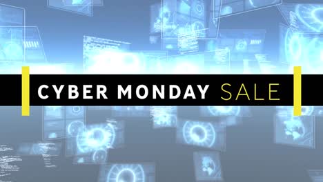 Digital-animation-of-cyber-monday-text-banner-against-multiple-round-scanners-and-data-processing