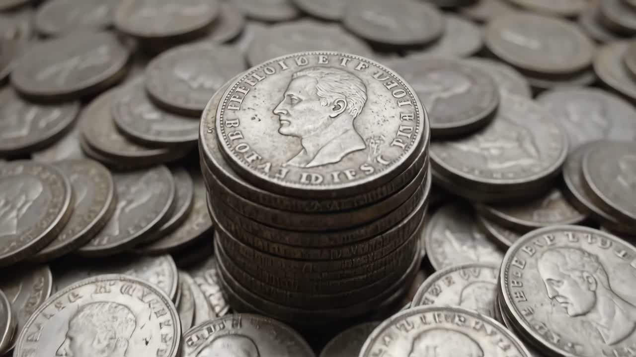 Close Up View of a Stack of Vintage Silver Coins