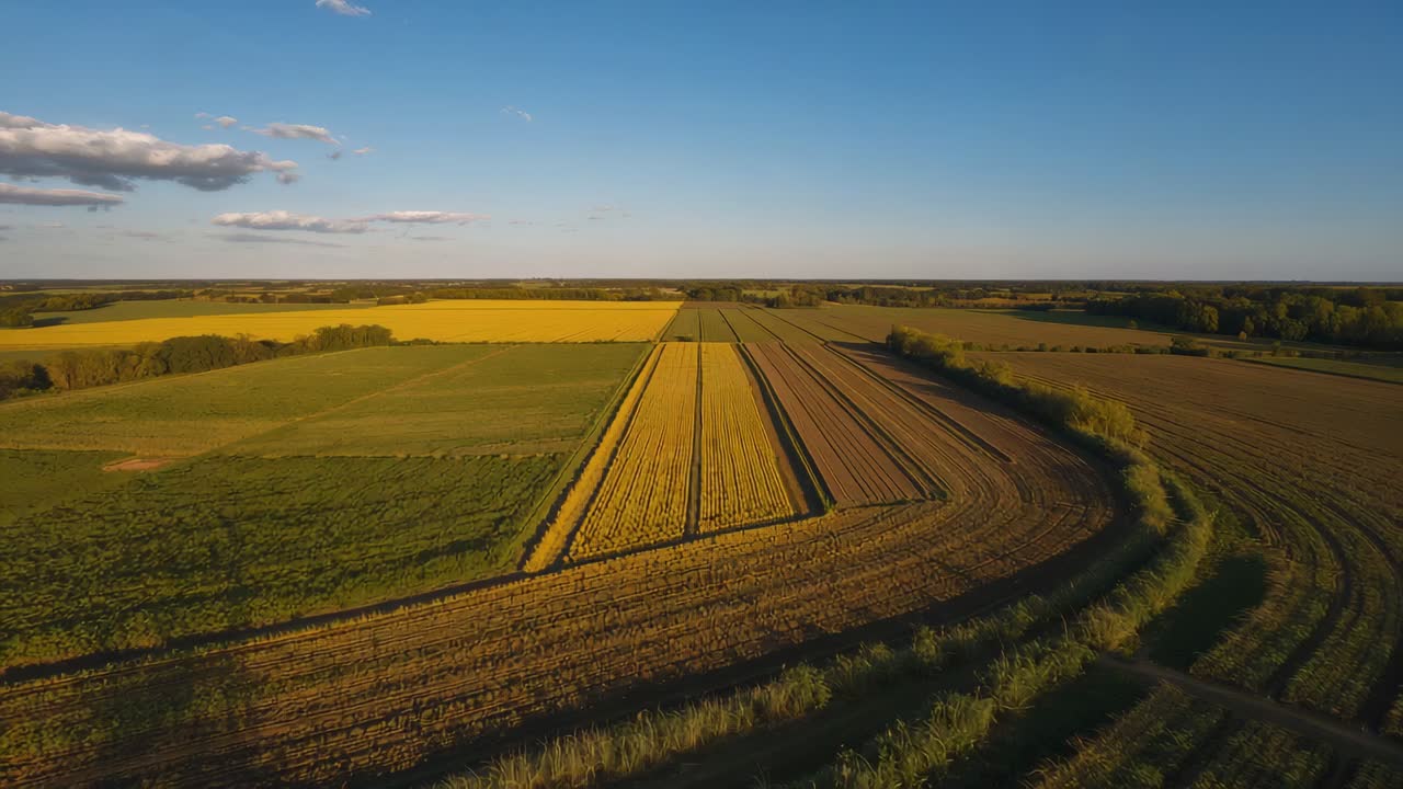 Die Drohnenkamera bewegt sich vorwärts und nach unten über ländliche Felder und enthüllt grüne, goldene Streifen und Furchen