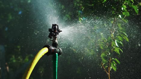 Watering the green grass. Sparkling water spraying out of sprinkler on the green lawn. Summer gardening. Slow motion