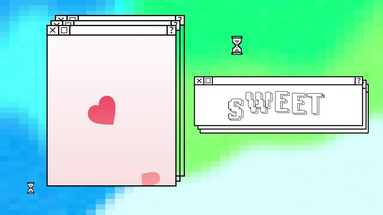 Animation of digital interfaces with moving hearts and sweet text on blue and green background