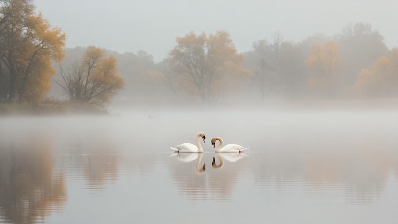 Serene Swans Gliding Through Misty Lake at Dawn: A Tranquil Reflection of Nature's Beauty with Golden Autumn Foliage and Still Water