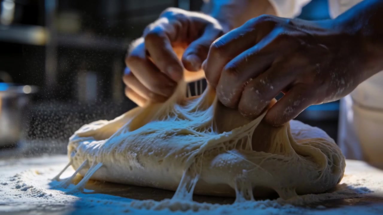 Pressing floured hands resting on dough in chef coat, stretching, folding, shaping on floured bench