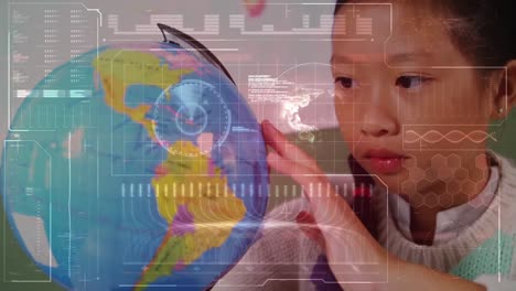 Animation-of-data-processing-over-schoolgirl-looking-at-globe-in-class