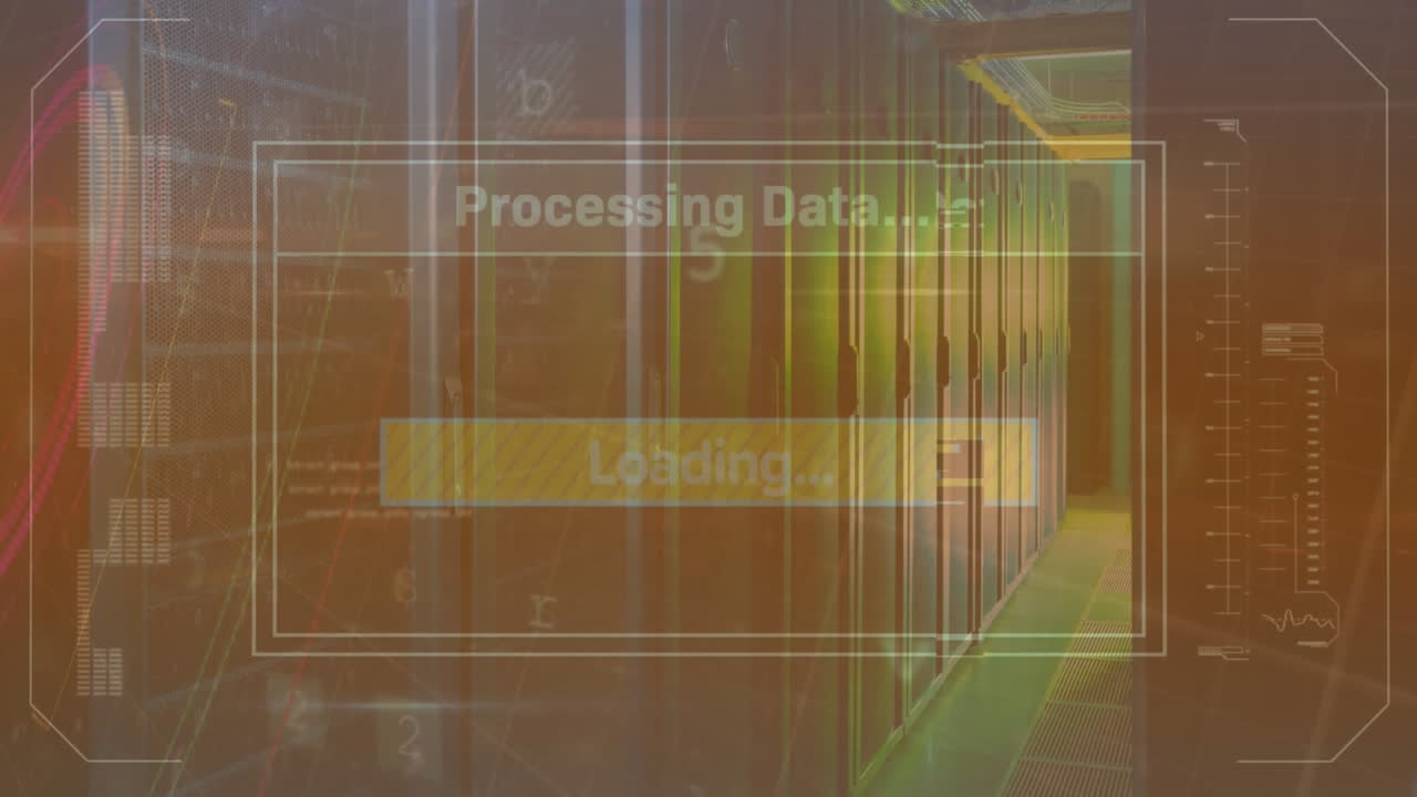 컴퓨터 서버  ⁇ 에 대한 둥근 스캐너 및 사이버 보안 데이터 처리 애니메이션