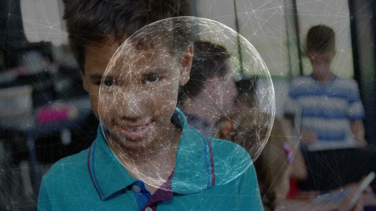 Teacher guiding students using tablet and laptop in tech lab, with network graphic overlay