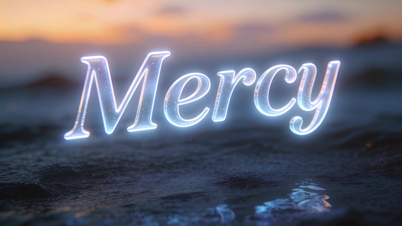 Sequenza iniziale che mostra la parola luminosa "Mercy" pulsare sull'acqua increspata al tramonto per la rivelazione del titolo.