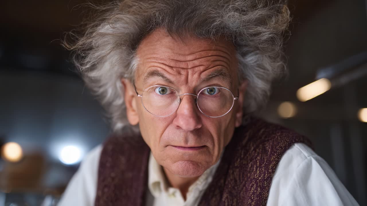 Un'intensa espressione di curiosità e meraviglia: un uomo con un taglio di capelli e degli occhiali particolari cattura l'attenzione con il suo sguardo penetrante, evocando un senso di scoperta intellettuale