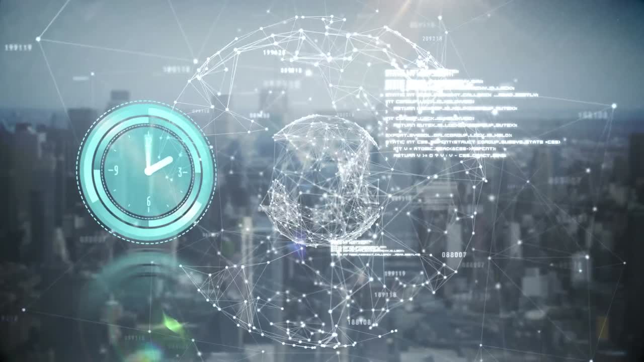 Animasjon av digitalt grensesnitt med klokke over bylandskap