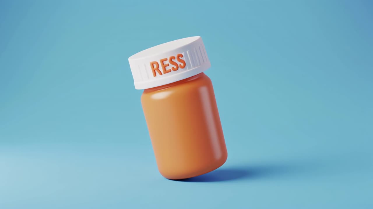 Flacone arancione di pillole animato in 3D che si apre con tappo RESS
