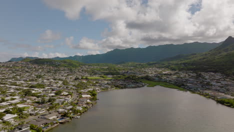 panoramic view of beautiful neighborhood in kailua on the island of oahu in hawaii with ka'elepulu pond