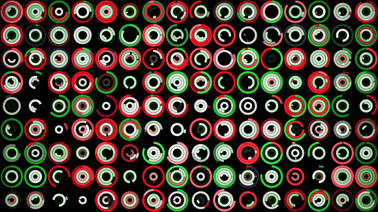 un montón de pequeños círculos multicolores girando en el fondo negro en una secuencia diferente. animación. hermoso fondo abstracto