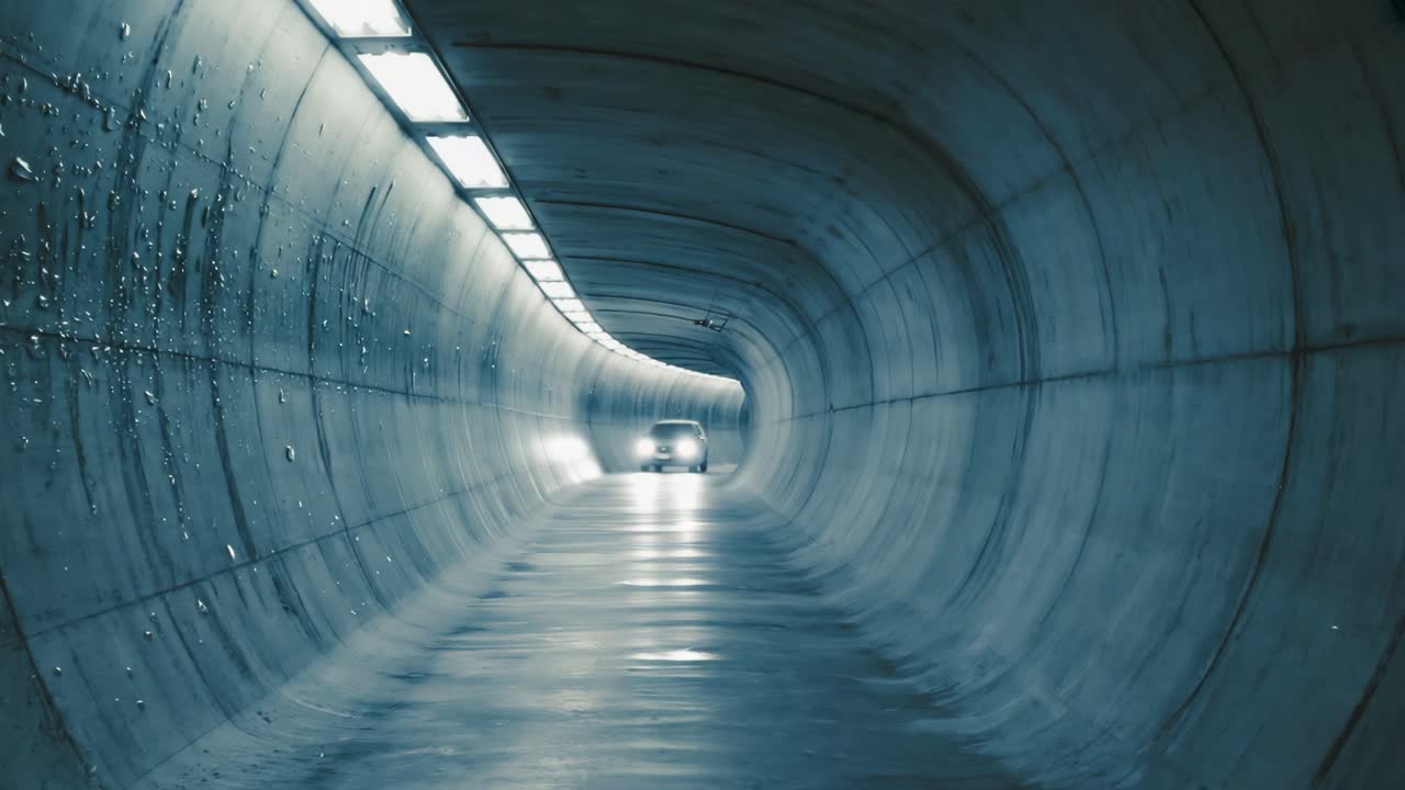 Underground curved tunnel with damp concrete walls, glowing with artificial lighting, revealing hidden urban passageways and subterranean architectural intrigue