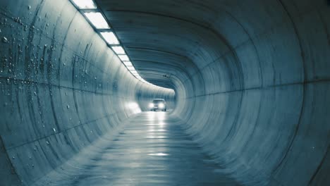 underground curved tunnel with damp concrete walls, glowing with artificial lighting, revealing hidden urban passageways and subterranean architectural intrigue